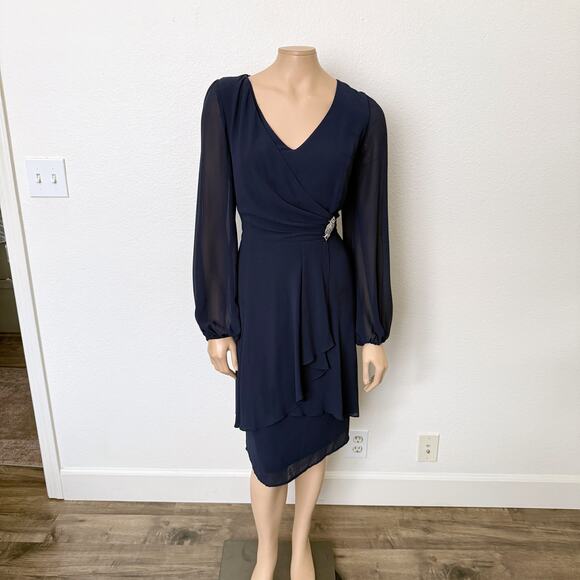 [Marina] Navy Blue Chiffon V-Neck Faux Wrap Brooch Balloon Sleeve Midi Dress 12 - Picture 1 of 11